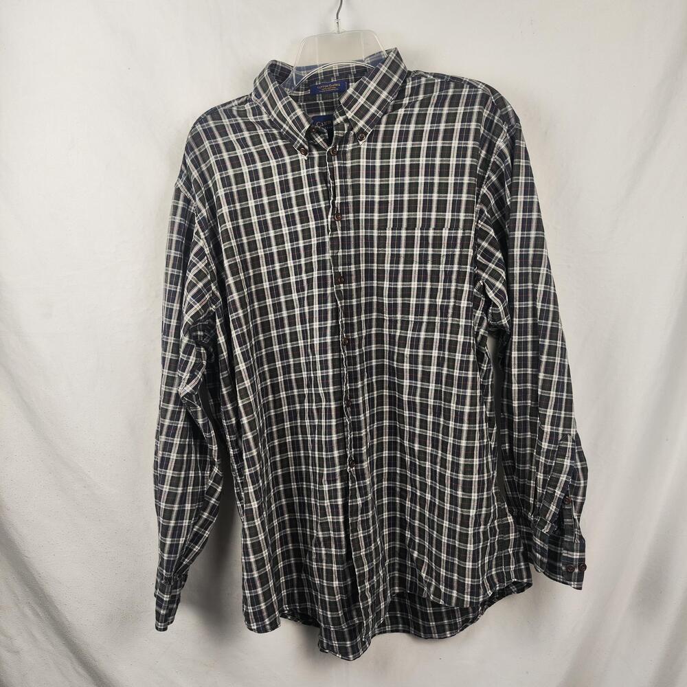 Club Room Shirt Mens XL Green Navy Plaid Button Down Long Sleeve Cotton Casual